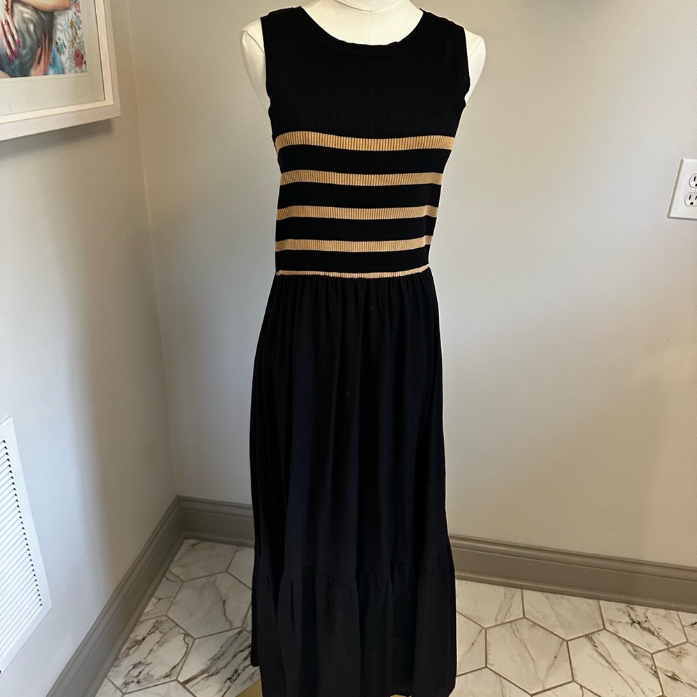 Sleeveless Black Maxi Dress with Tan Stripe Bodice
